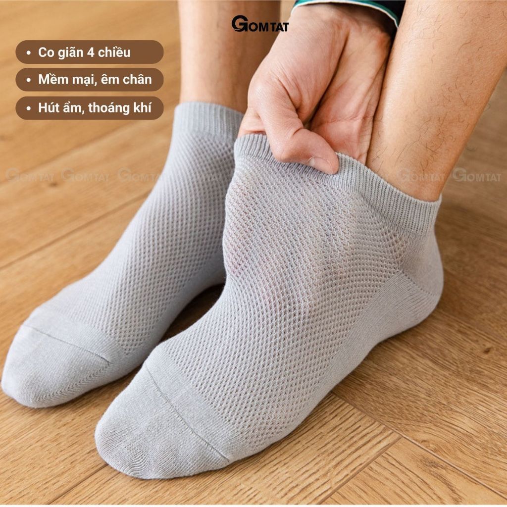 Combo 10 đôi tất nam cổ thấp GOMTAT, chất liệu cotton mặt lưới cao cấp hút ẩm khử mùi - FIVE-2002-CB10