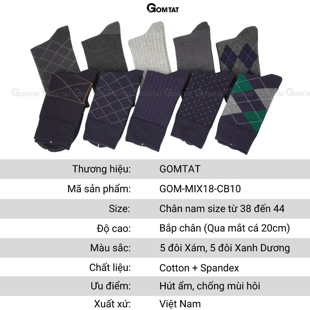 Hộp 10 đôi tất cổ cao công sở nam GOMTAT màu xám và xanh, chất liệu cotton, khử mùi thoáng khí - GOM-MIX18-CB10