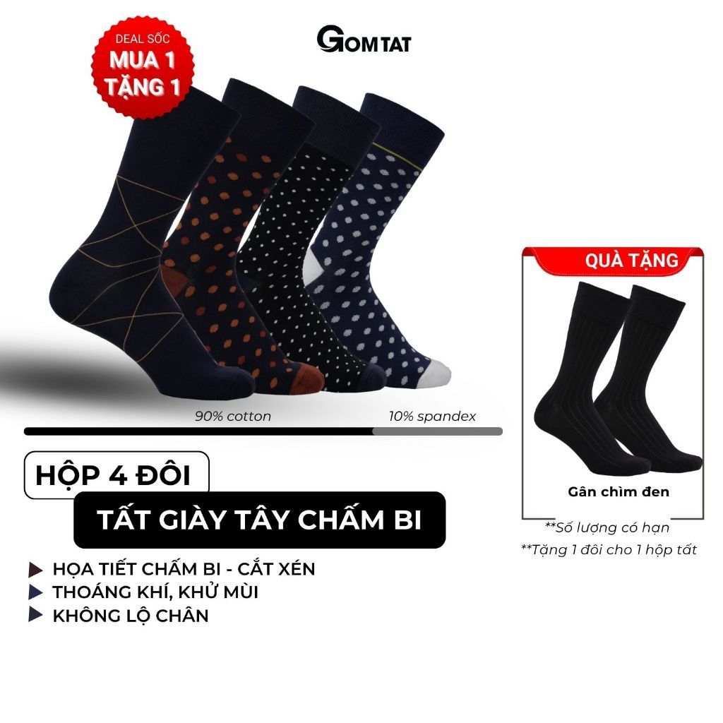 Hộp 4 đôi tất nam cổ cao công sở GOMTAT mẫu MIX06, chất liệu cotton mềm mại thoáng khí  -GOM-MIX06-CB4