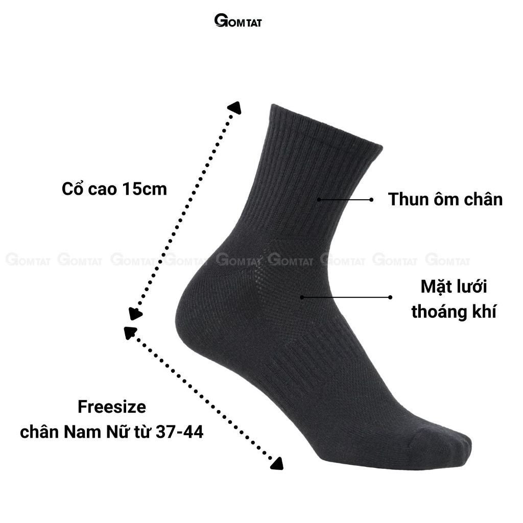 Combo 5 đôi tất cổ trung nam nữ GOMTAT chất liệu cotton cao cấp, thiết kế mặt lưới thoáng khí - GOM-KLB-TRONLUNG-CB5