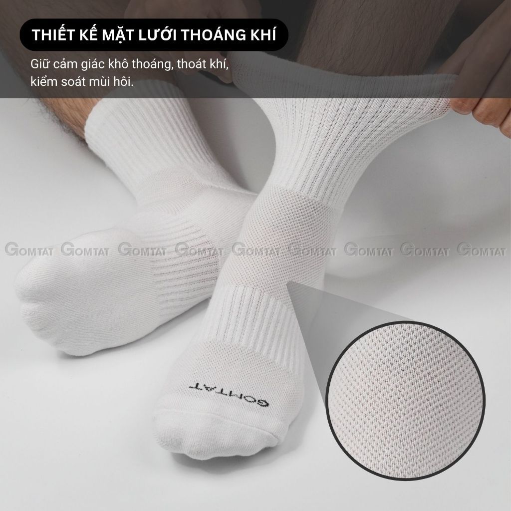 Combo 5 đôi tất trơn nam nữ GOMTAT màu trắng có lót xù êm chân, có mặt lưới thoáng mát - STA-5009-CB5