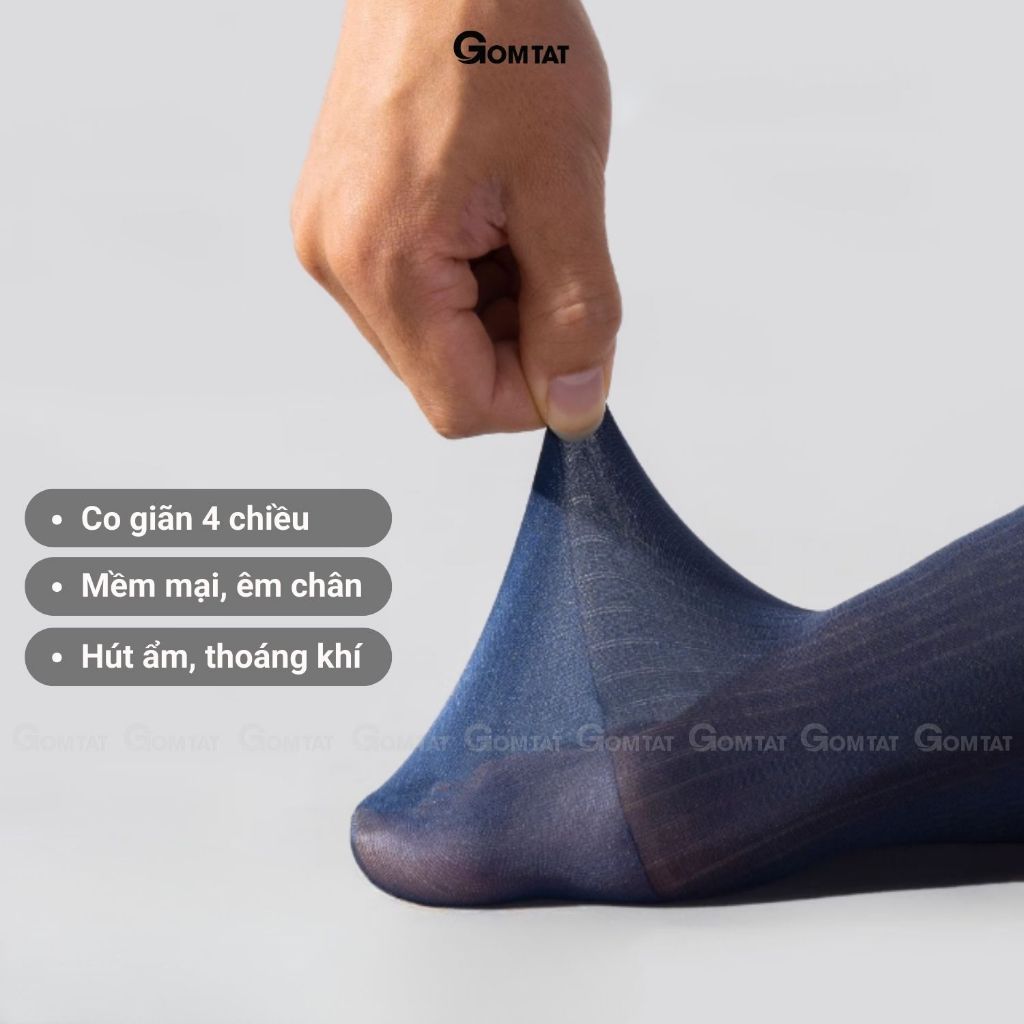 Tất vớ đi giày tây nam GOMTAT chất liệu sợi Nylon cao cấp, tất công sở họa tiết sọc gân, vớ nam cổ cao siêu mỏng xuyên thấu, mềm mịn - D16-A094-1DOI
