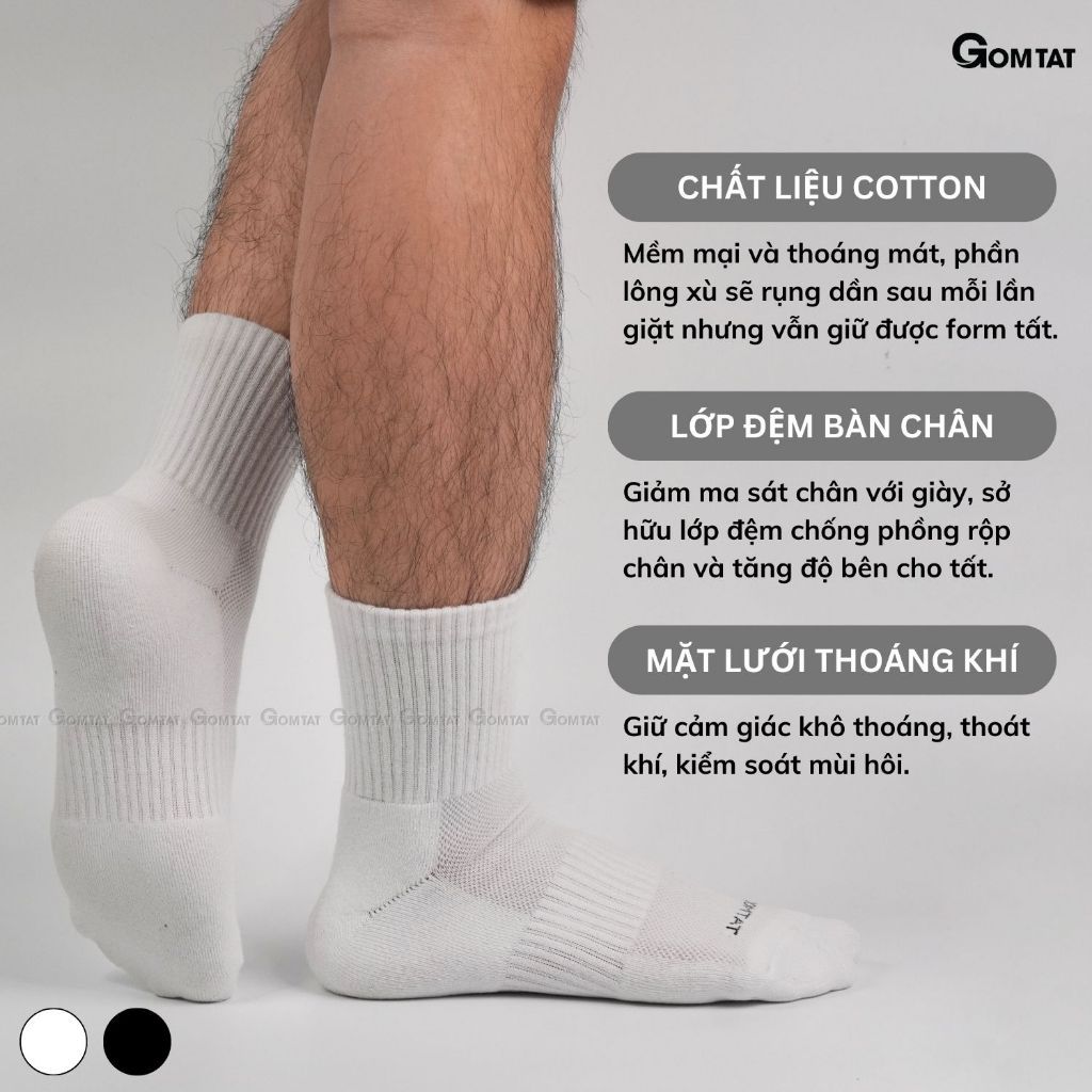 Combo 5 đôi tất trơn nam nữ GOMTAT màu trắng có lót xù êm chân, có mặt lưới thoáng mát - STA-5009-CB5