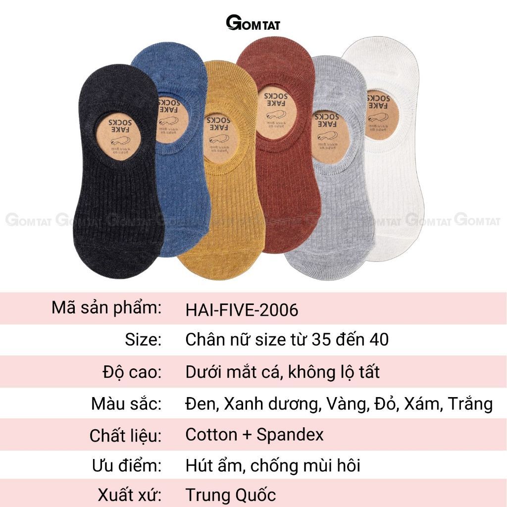 Combo 10 đôi tất nữ đi giày lười GOMTAT, có đệm silicon chống tuột gót, chất liệu cotton cao cấp - HAI-FIVE-2006-CB10