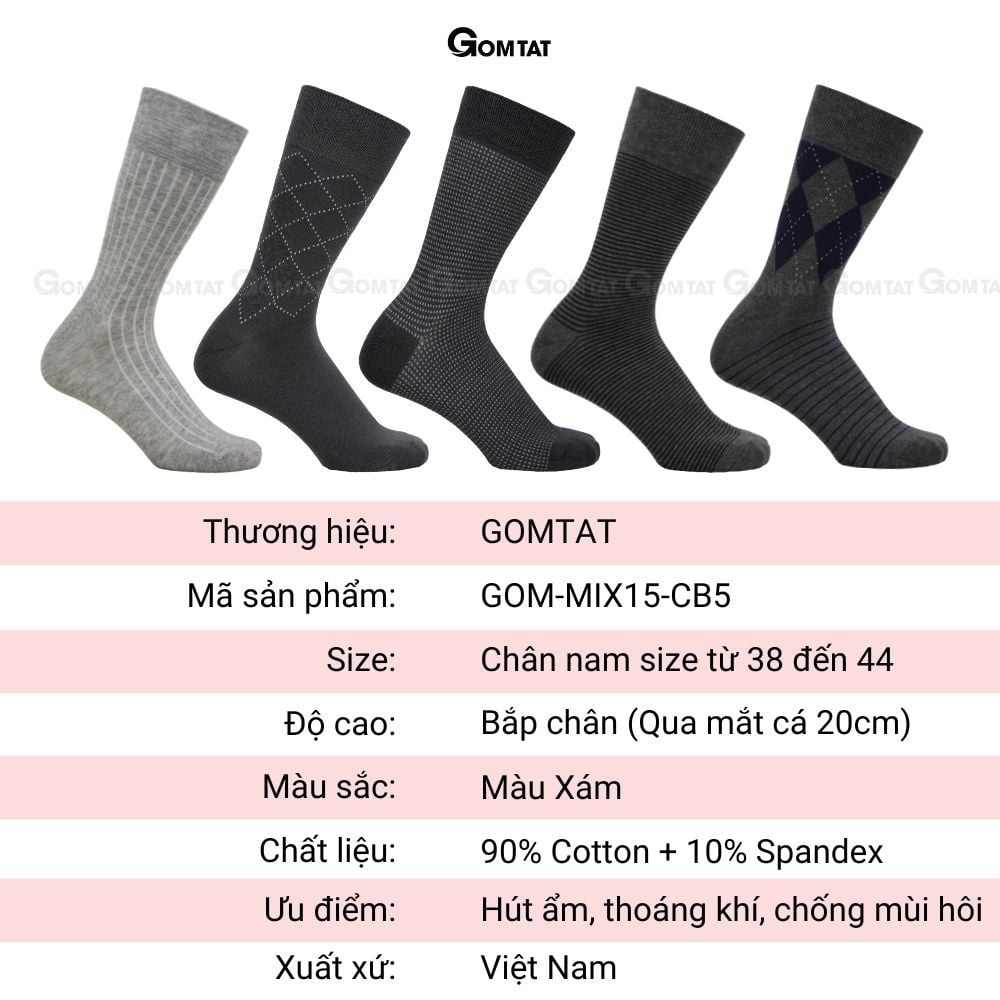 Hộp 5 đôi tất nam cao cổ đi giày tây GOMTAT tone màu xám, vớ nam công sở cổ cao chất liệu cotton cao cấp - GOM-MIX15-CB5