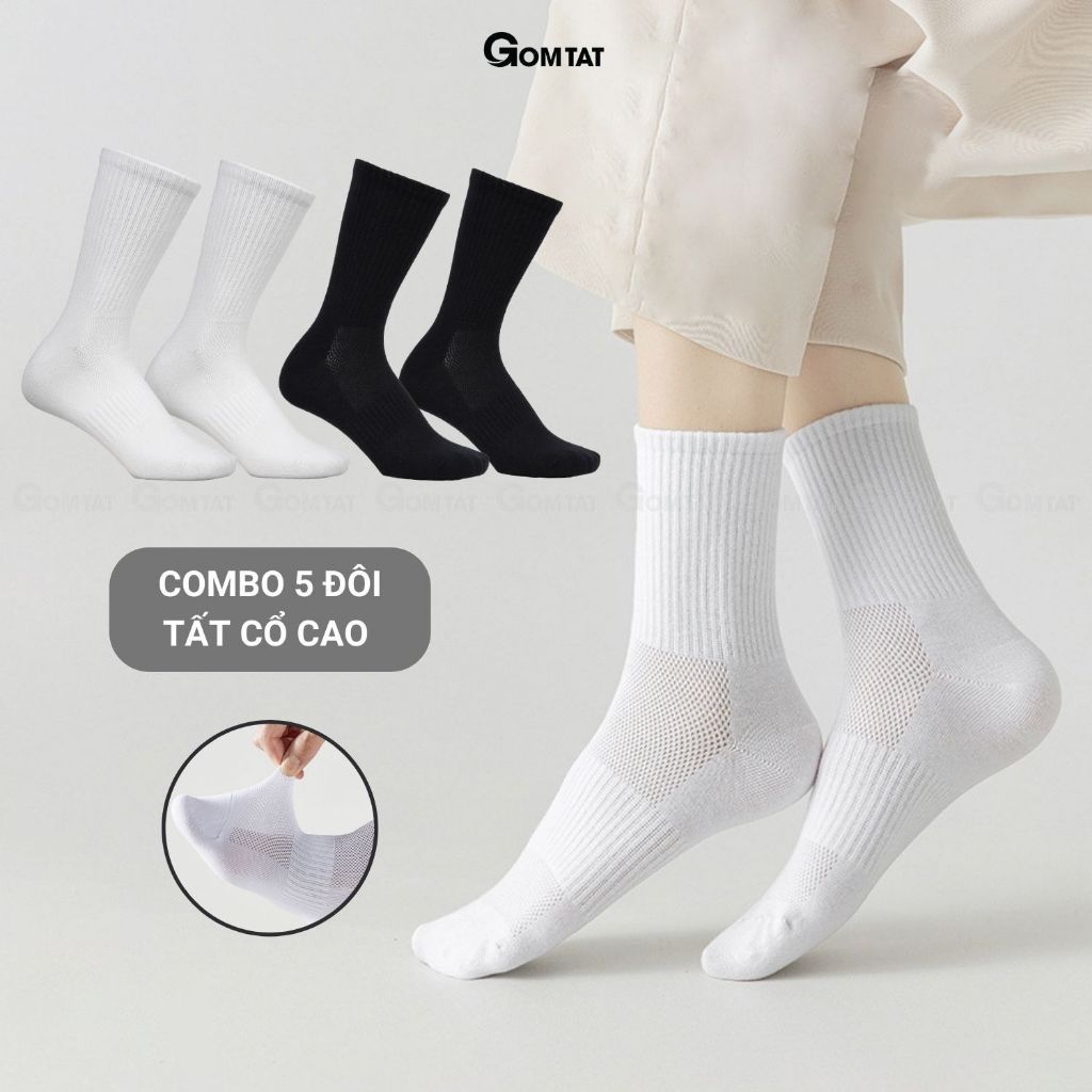 Combo 5 đôi tất vớ cổ cao nam nữ trơn màu GOMTAT chất liệu cotton cao cấp, có mặt lưới thoáng khí - GOM-KLB-TRONCAO-CB5