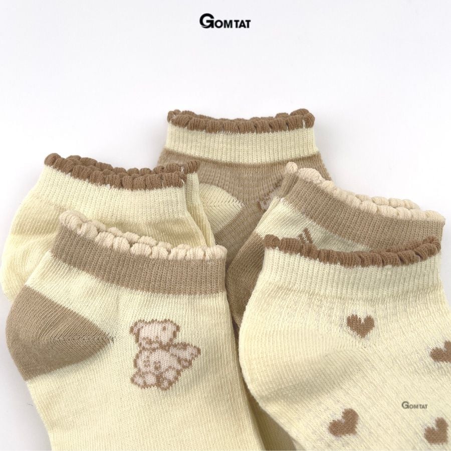 Set 5 đôi vớ nữ cổ ngắn GOMTAT họa tiết màu nâu dễ thương, chất liệu mềm mỏng thoáng mát, êm chân  -CB086