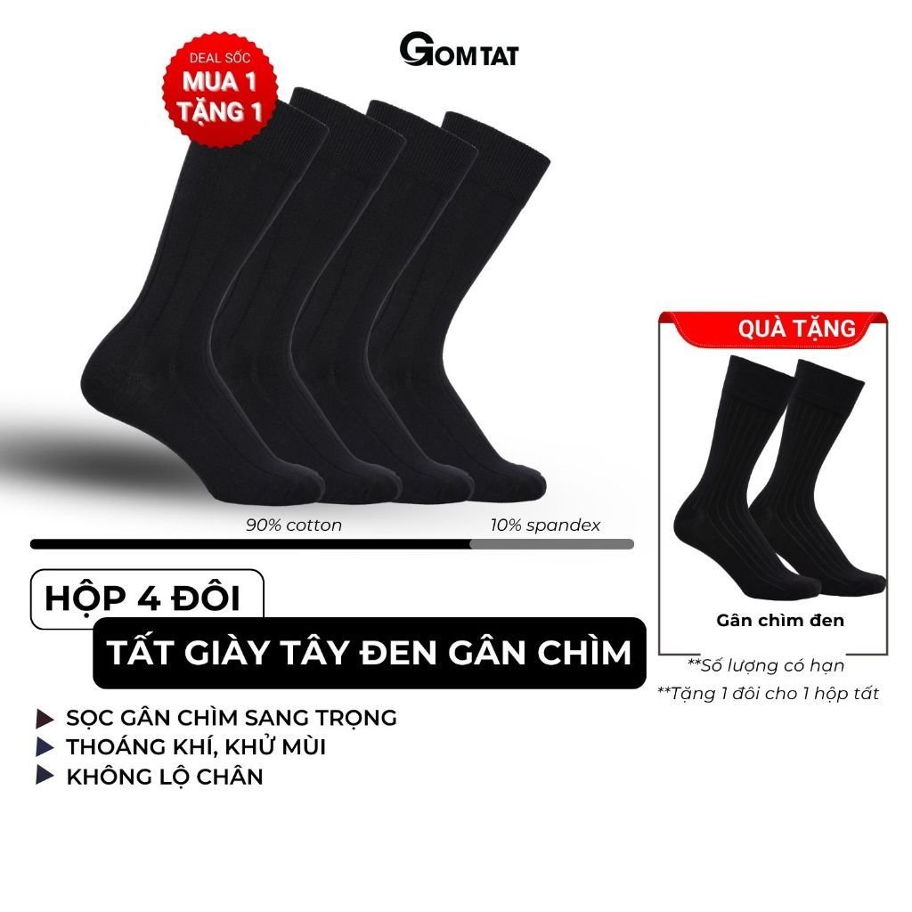Hộp 4 đôi tất đen nam cao cổ GOMTAT mẫu gân chìm, vớ nam công sở cổ cao chất liệu cotton cao cấp - GOM-MIX09-DEN-CB4