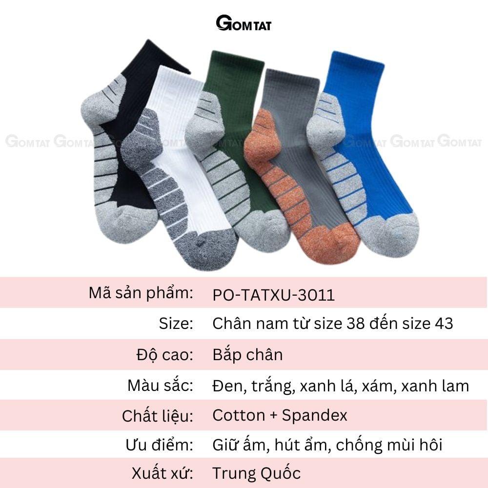 Combo 5 đôi tất thể thao nam cổ cao GOMTAT có lớp đệm xù lông êm chân, chất liệu mềm mại, thấm hút  -PO-TATXU-3011-CB5
