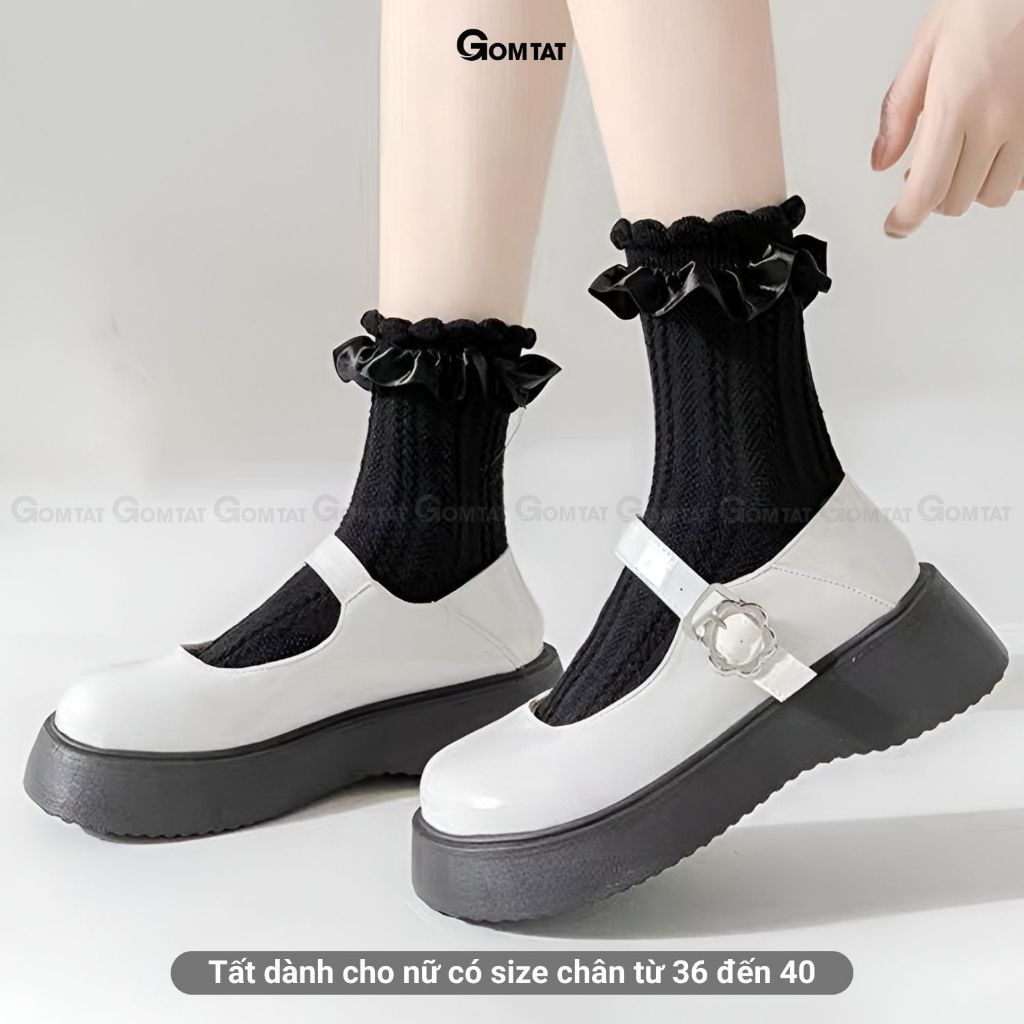 Combo 5 đôi tất lolita nữ cổ trung GOMTAT, chất liệu polyester mềm mịn, thiết kế viền ren dễ thương - HOT-1802-CB5