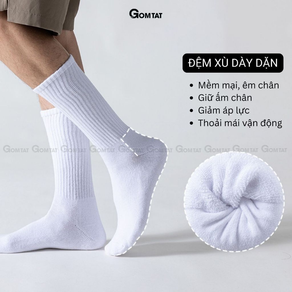 Combo 10 đôi tất cổ cao, cổ trung nam nữ GOMTAT, chất liệu cotton đệm xù êm chân - TATXU-TRON-CB10