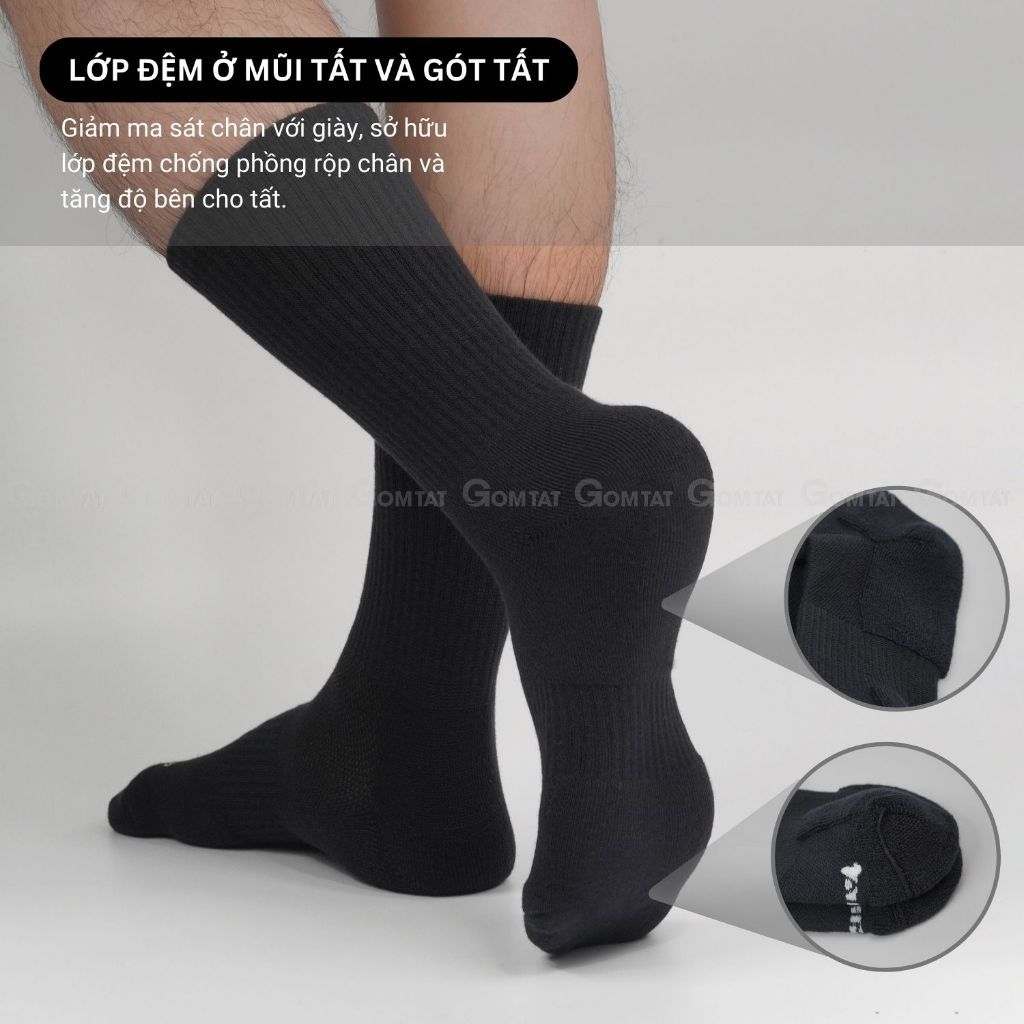 Combo 5 đôi tất đen nam nữ GOMTAT có đệm xù êm chân, sợi cotton dày dặn, khử mùi kháng khuẩn - STA-5009-CB5