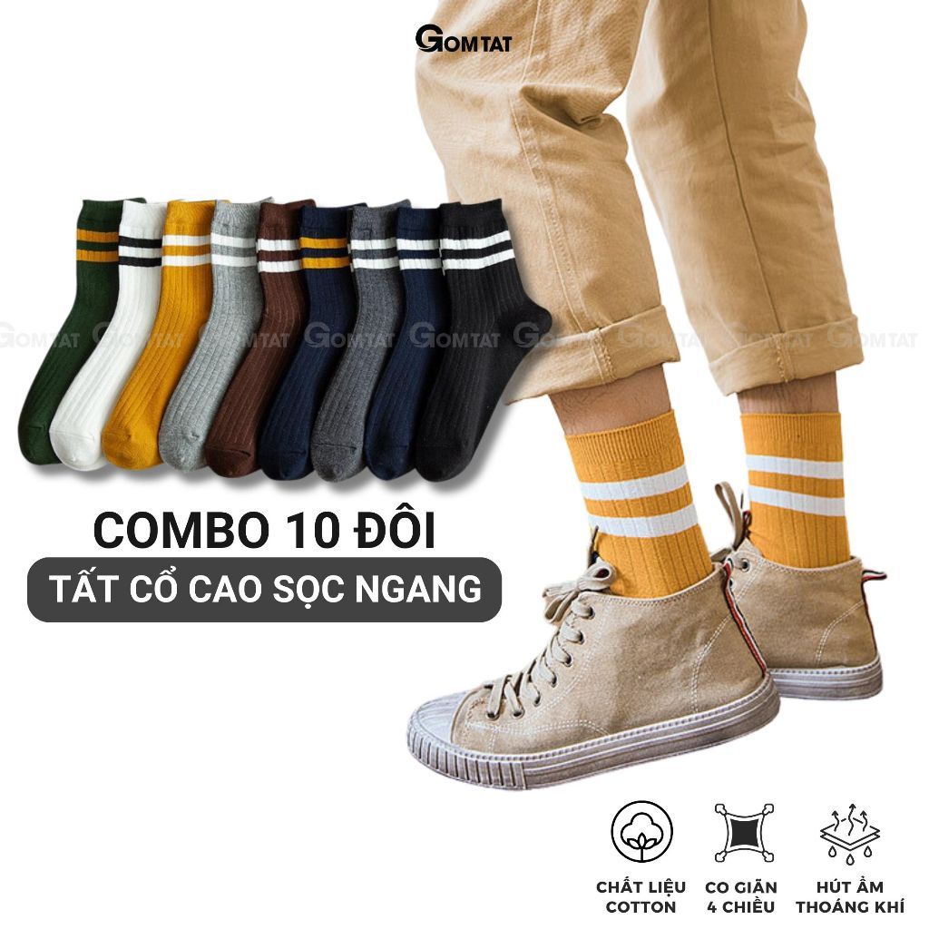 Set 10 đôi vớ cổ cao nam nữ sọc ngang GOMTAT, chất cotton dày dặn mềm mại, thấm hút tốt - CB202-CB10