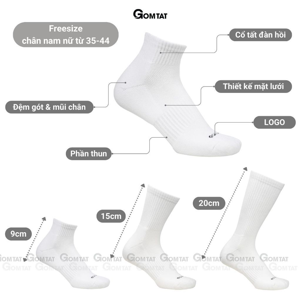 Combo 10 đôi vớ trắng GOMTAT nam nữ cổ cao, chất liệu cotton mềm mại, có lót xù êm chân - STA-5009-CB10