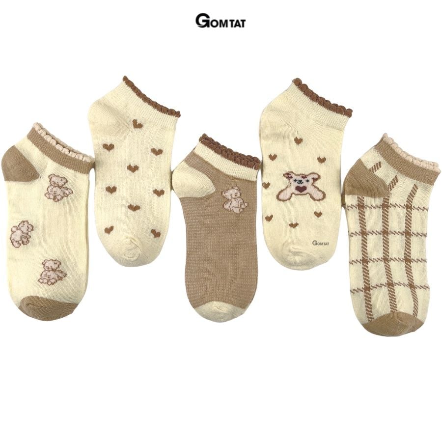 Set 5 đôi vớ nữ cổ ngắn GOMTAT họa tiết màu nâu dễ thương, chất liệu mềm mỏng thoáng mát, êm chân  -CB086