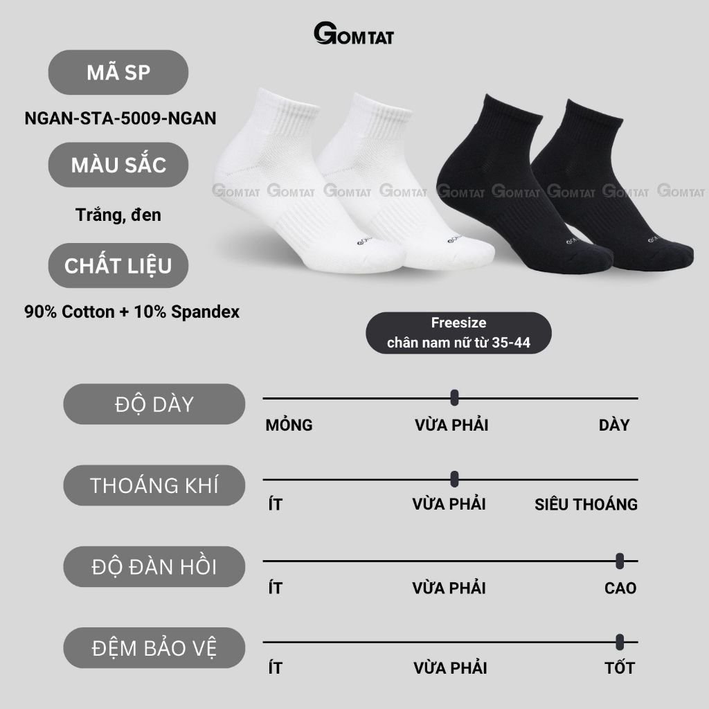 Combo 10 đôi vớ cổ thấp nam nữ GOMTAT, chất liệu cotton hút ẩm khử mùi, có đệm xù êm chân - STA-5009-NGAN-CB10
