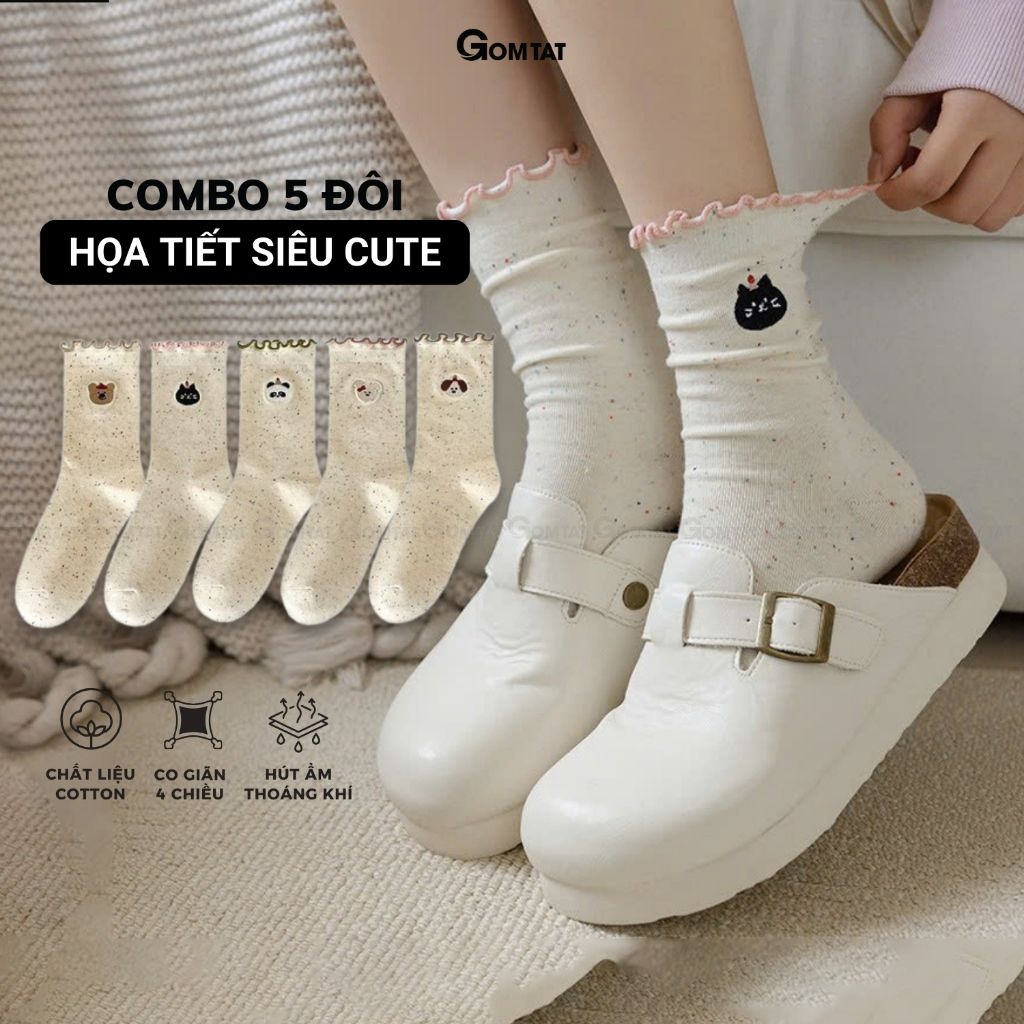 Set 5 đôi tất nữ cổ cao GOMTAT họa tiết động vật, vớ nữ phong cách Hàn Quốc siêu hot – JIN-2513-CB5