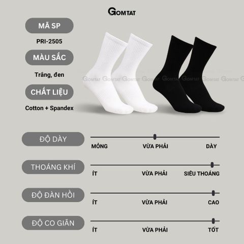  Hộp 5 đôi tất nam nữ cổ cao GOMTAT thoáng khí, vớ trơn chất cotton khử mùi êm chân - PRI-2505-CB5 