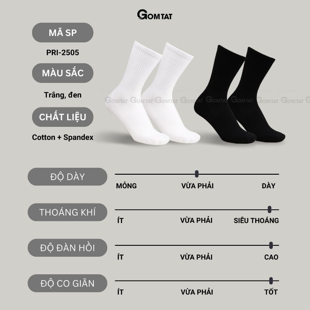 Hộp 5 đôi tất nam nữ cổ cao GOMTAT thoáng khí, vớ trơn chất cotton khử mùi êm chân - PRI-2505-CB5