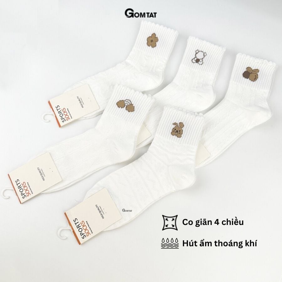 Set 5 đôi tất nữ cổ trung GOMTAT hoạ tiết hình thú đáng yêu, chất liệu cotton êm mềm mịn mát  -LISU25-LUNG-HTNAU