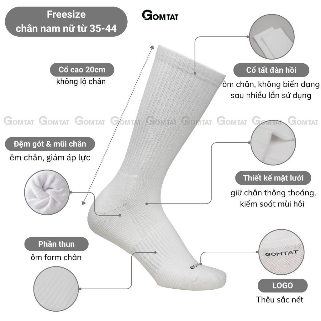 Combo 5 đôi tất nam nữ cổ cao GOMTAT, có đệm xù mềm mại êm chân, chất liệu cotton khử mùi - STA-5009-CAO-CB5