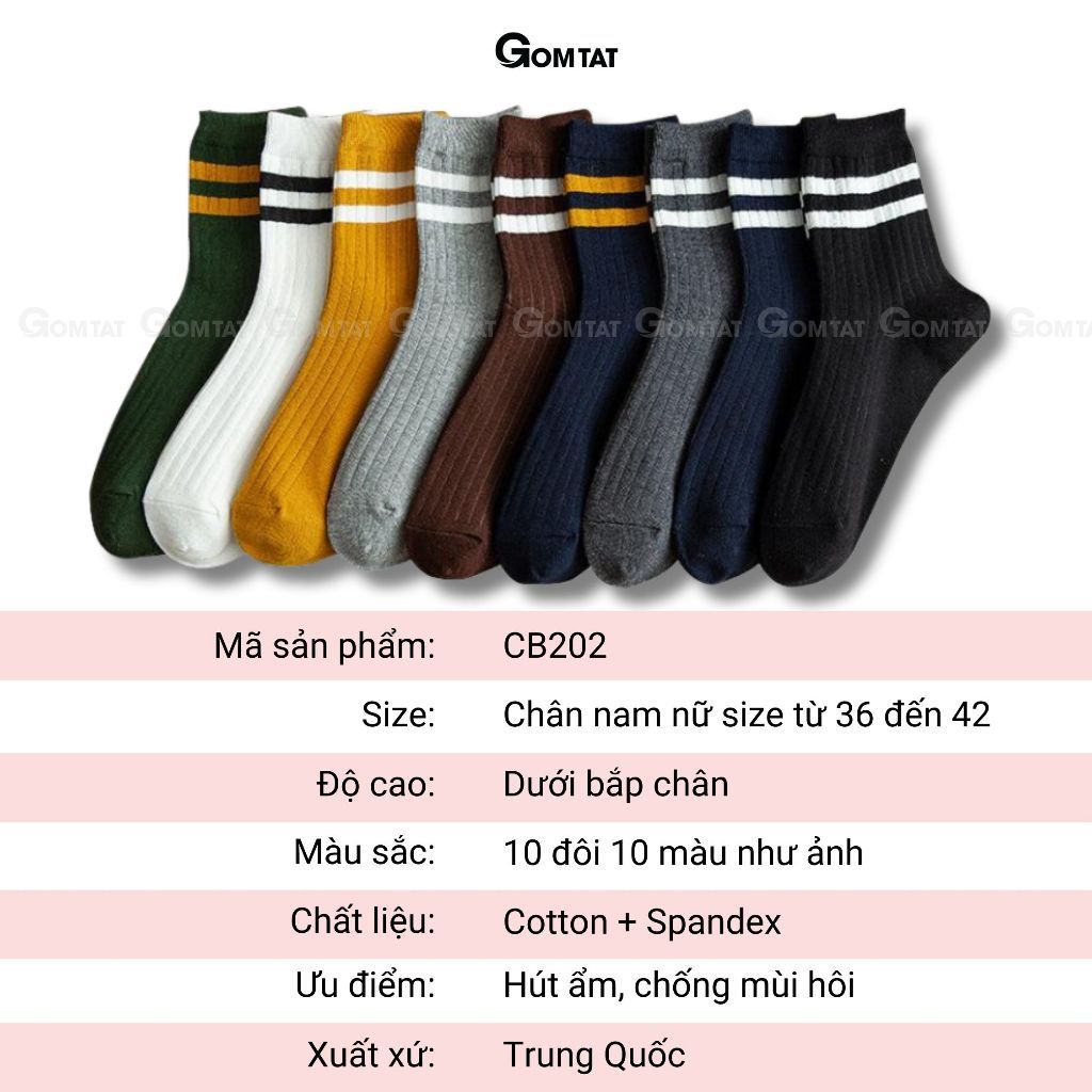 Set 10 đôi vớ cổ cao nam nữ sọc ngang GOMTAT, chất cotton dày dặn mềm mại, thấm hút tốt - CB202-CB10