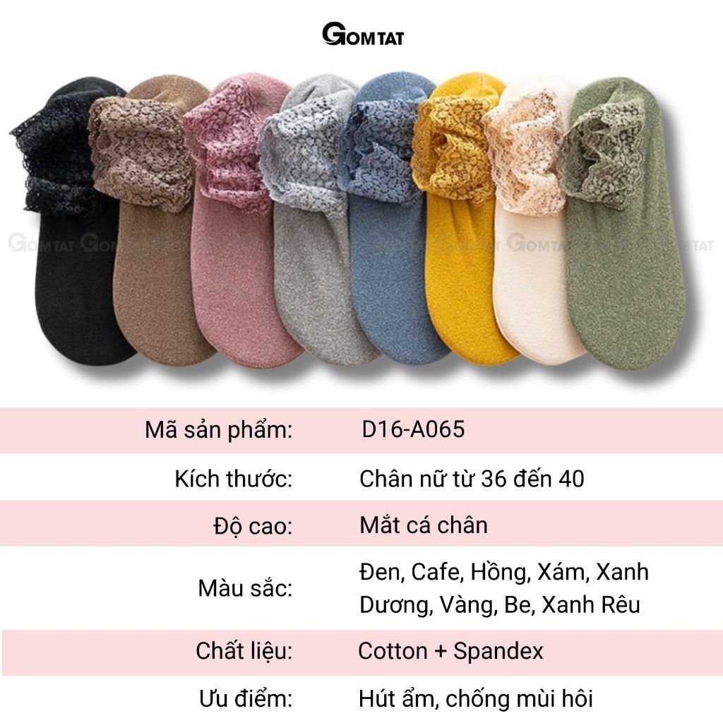 Set 8 đôi tất cổ thấp nữ cao cấp có đệm chống trượt GOMTAT, vớ cổ ren nữ cổ ngắn chất liệu cotton mềm mịn - D16-A065