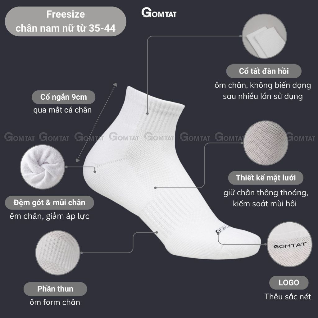 Combo 10 đôi vớ cổ thấp nam nữ GOMTAT, chất liệu cotton hút ẩm khử mùi, có đệm xù êm chân - STA-5009-NGAN-CB10