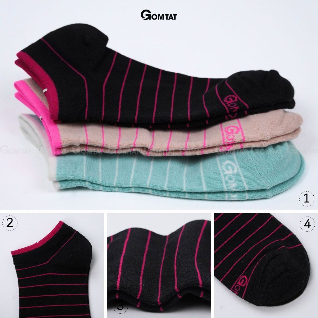 Tất nữ cổ thấp GOMTAT họa tiết kẻ sọc, chất liệu cotton hút ẩm thoáng khí khử mùi hôi  -NUNGAN-VSTAR-501-1DOI