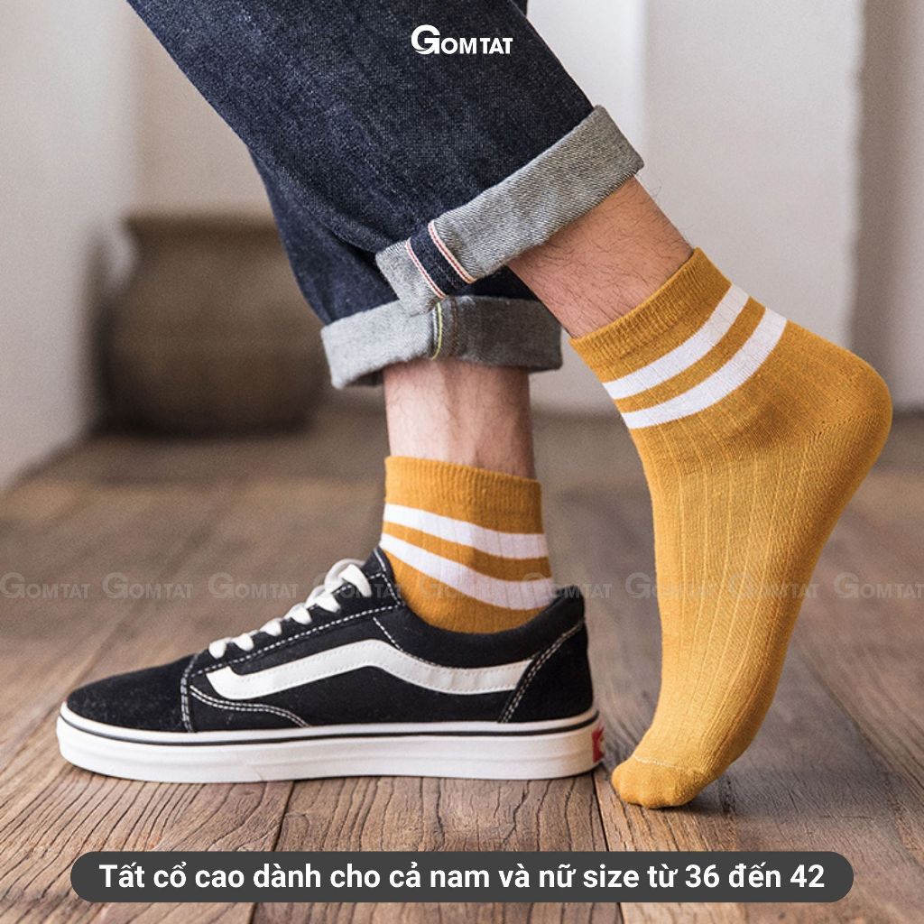 Set 10 đôi vớ cổ cao nam nữ sọc ngang GOMTAT, chất cotton dày dặn mềm mại, thấm hút tốt - CB202-CB10