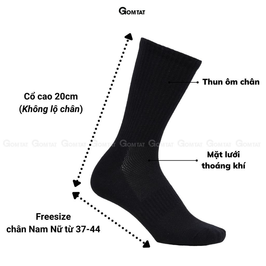 Combo 5 đôi tất vớ cổ cao nam nữ trơn màu GOMTAT chất liệu cotton cao cấp, có mặt lưới thoáng khí - GOM-KLB-TRONCAO-CB5