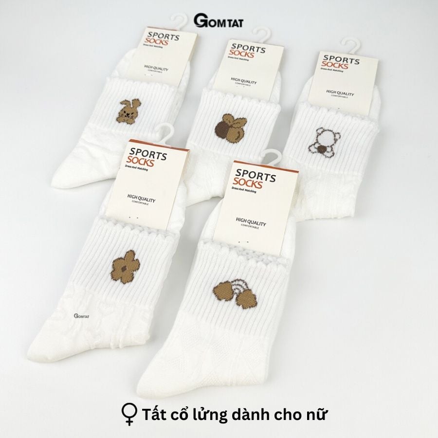 Set 5 đôi tất nữ cổ trung GOMTAT hoạ tiết hình thú đáng yêu, chất liệu cotton êm mềm mịn mát  -LISU25-LUNG-HTNAU