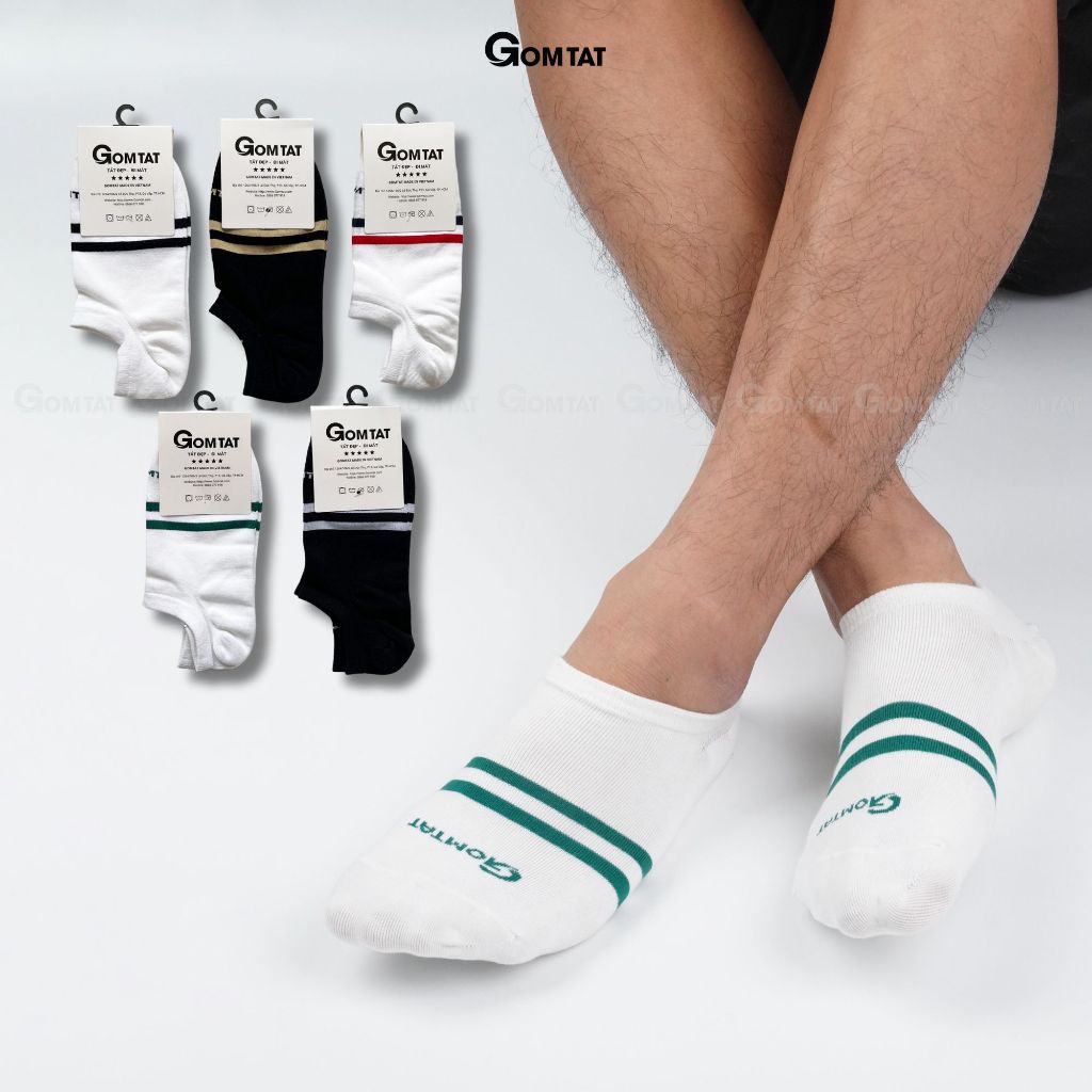 Combo 5 đôi vớ cổ ngắn nam nữ GOMTAT mẫu 2 sọc, chất liệu cotton hút ẩm thoáng khí khử mùi êm chân  -GOM503-2SOC-CB5