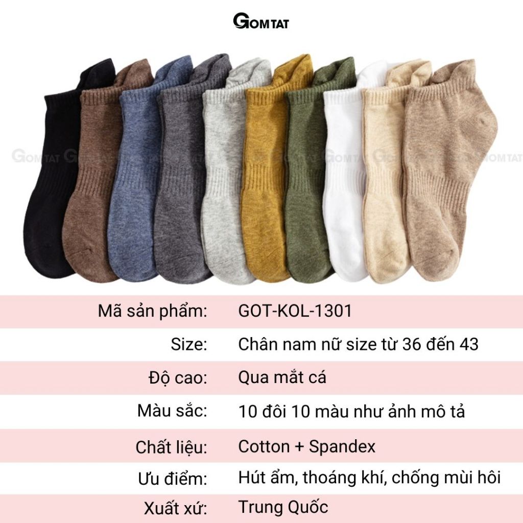 Set 10 đôi tất nam cổ ngắn GOMTAT nhiều màu, chất liệu cotton mềm mại thoáng mát, thấm hút mồ hôi - GOT-KOL-1301-CB10