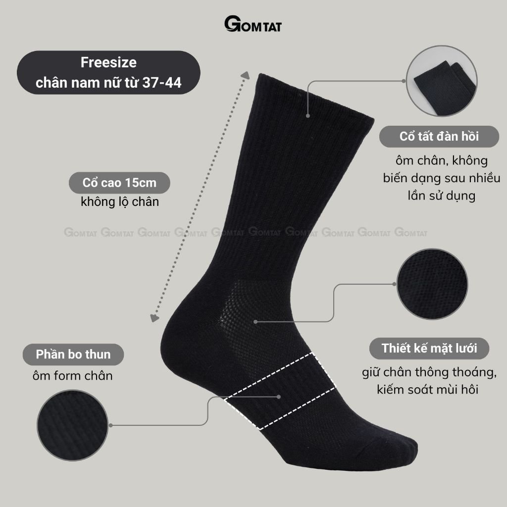 Hộp 10 đôi tất cao cổ GOMTAT mẫu trơn basic, vớ nam nữ chất cotton khử mùi êm chân - PRI-2505-CB10