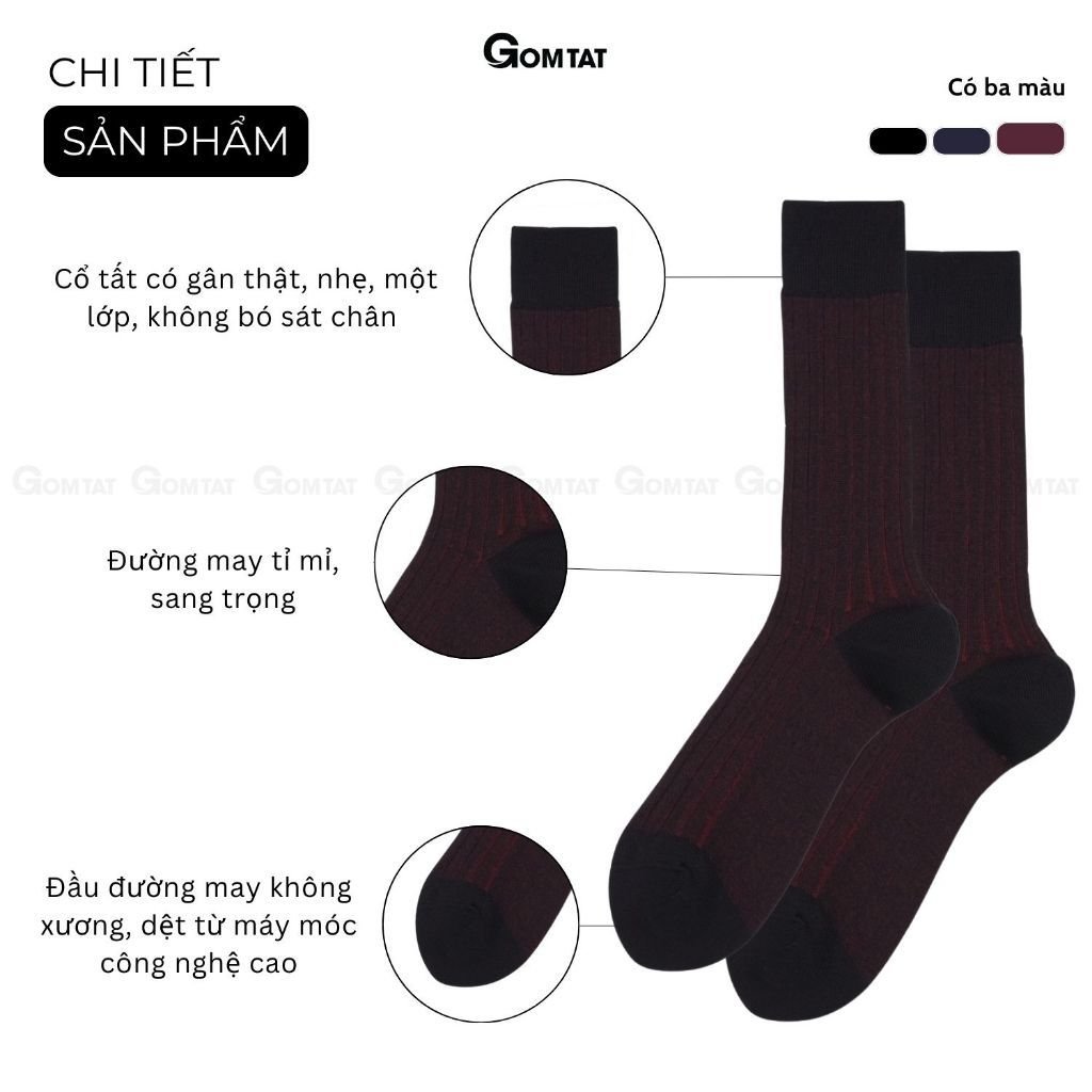 Hộp 3 đôi tất cổ cao GOMTAT công sở, chất liệu cotton cao cấp, phong cách lịch lãm  - IHE-2202-CB3