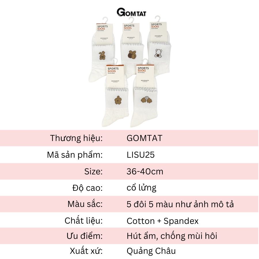 Set 5 đôi tất nữ cổ trung GOMTAT hoạ tiết hình thú đáng yêu, chất liệu cotton êm mềm mịn mát  -LISU25-LUNG-HTNAU
