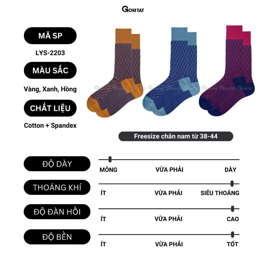 Hộp 3 đôi tất đi giày tây cao cấp GOMTAT chất liệu cotton tự nhiên, hút ẩm thoáng khí, khử mùi êm chân - LYS-2203-CB3