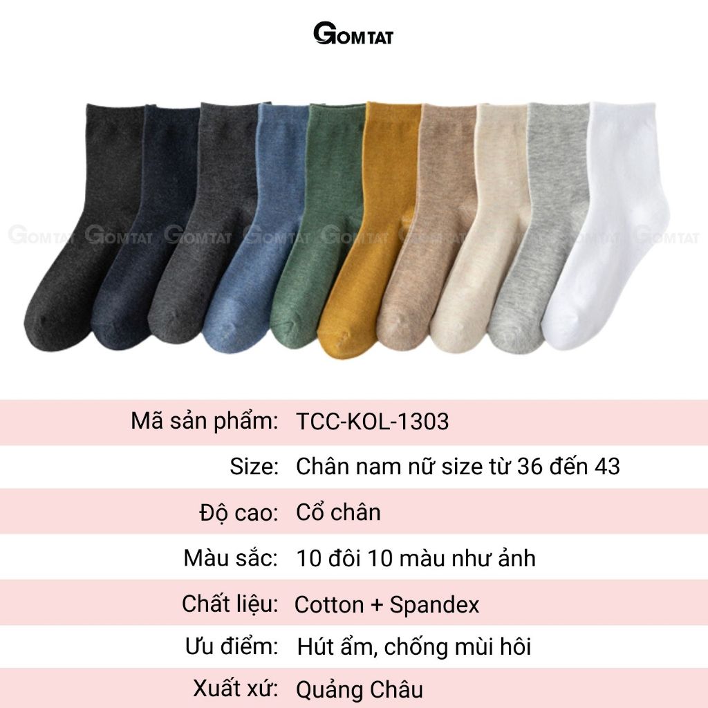 Set 10 đôi tất vớ cổ cao nam nữ trơn màu GOMTAT mềm mại,  hút ẩm thoáng khí -TCC-KOL-1303-CB10