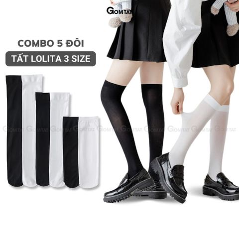  Combo 5 đôi tất lolita nữ GOMTAT cổ cao, dưới gối và qua gối trơn trắng đen, chất liệu thun lạnh mềm mịn - HOT-1805-CB5 