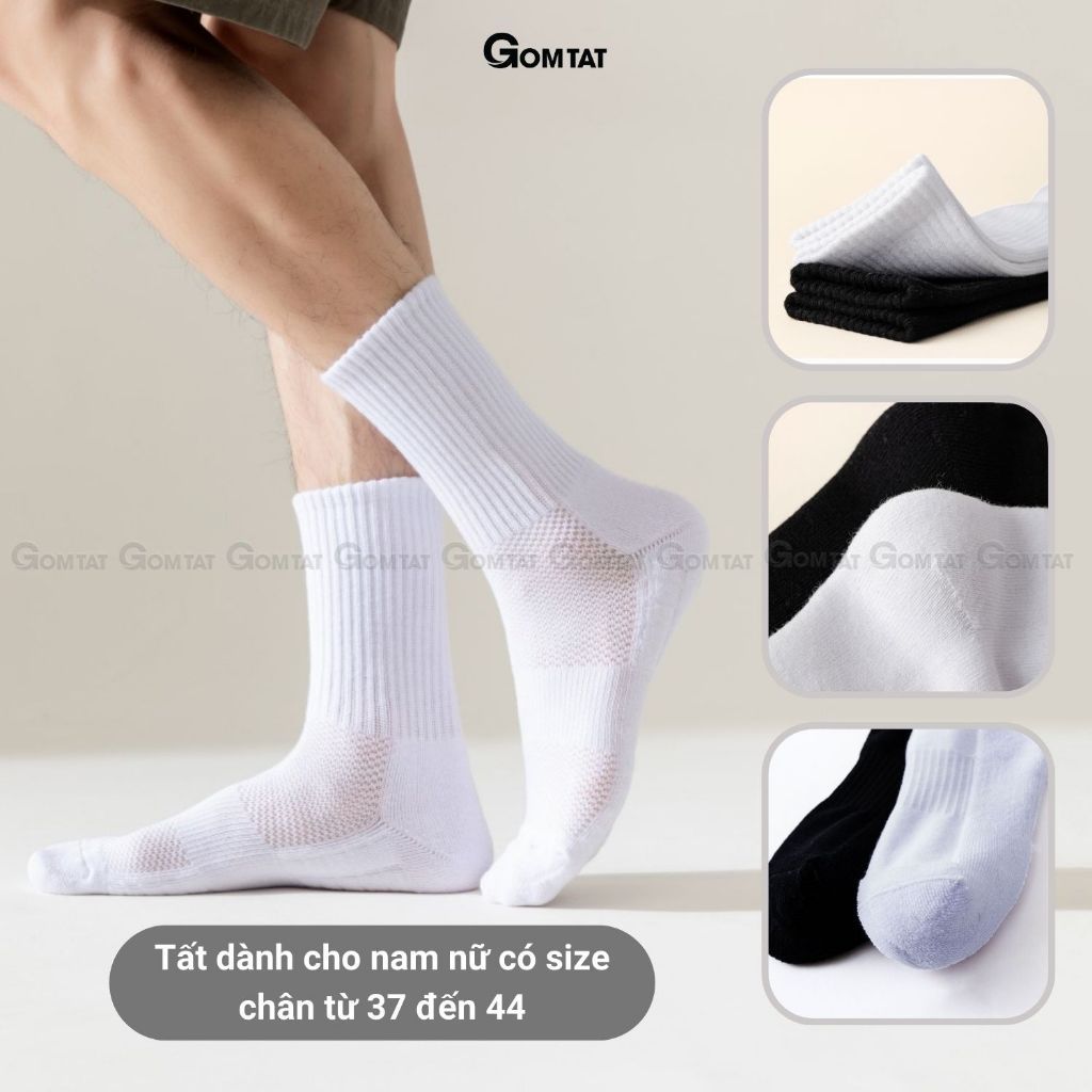 Combo 10 đôi tất cổ cao, cổ trung nam nữ GOMTAT, chất liệu cotton đệm xù êm chân - TATXU-TRON-CB10