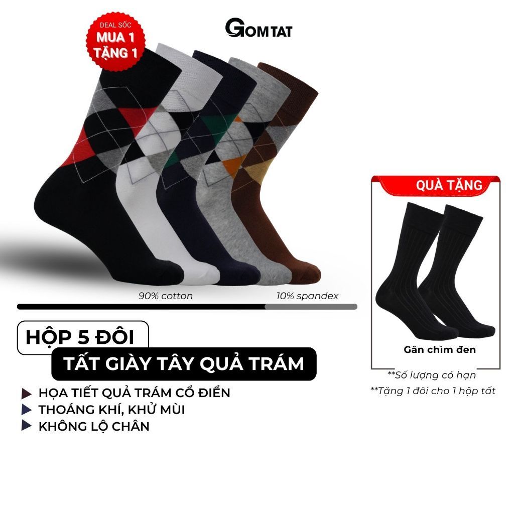 Hộp 5 đôi tất nam cao cổ đi giày tây GOMTAT hoạ tiết quả trám sợi cotton cao cấp - GOM-QUATRAM-CB5
