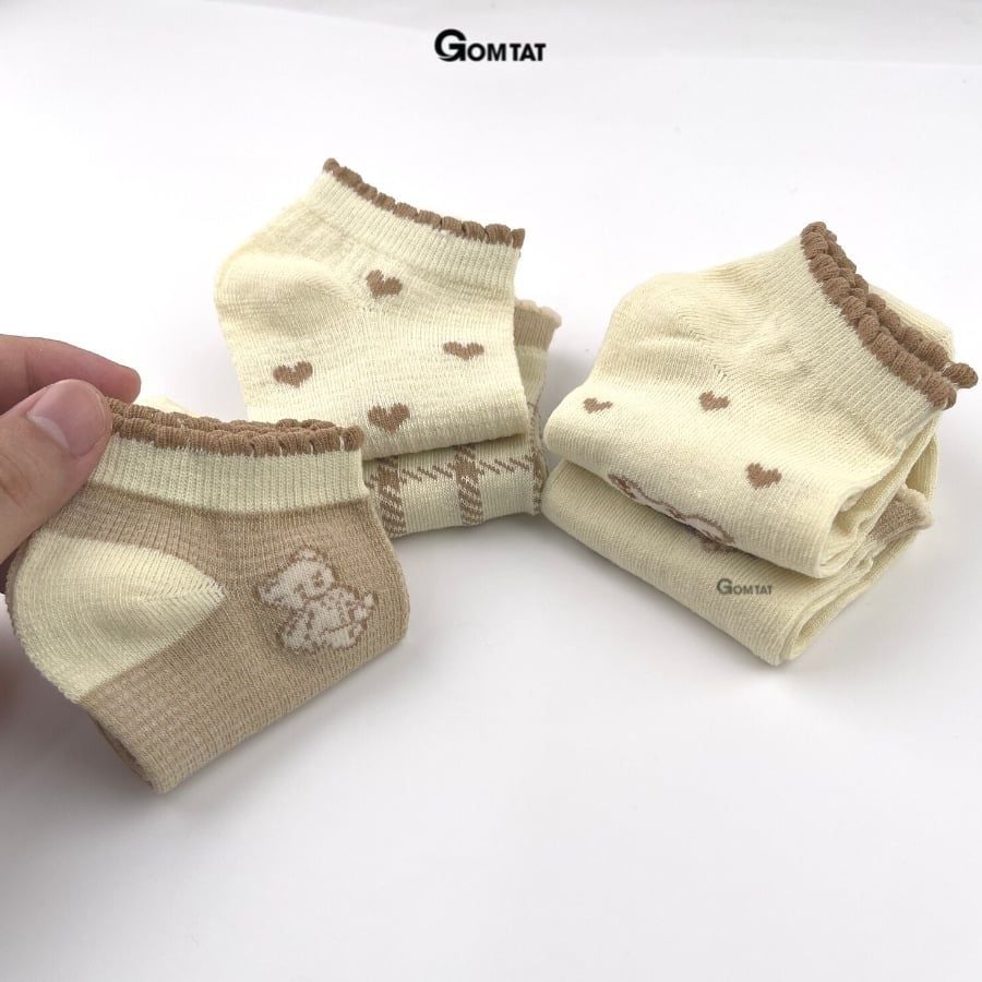 Set 5 đôi vớ nữ cổ ngắn GOMTAT họa tiết màu nâu dễ thương, chất liệu mềm mỏng thoáng mát, êm chân  -CB086