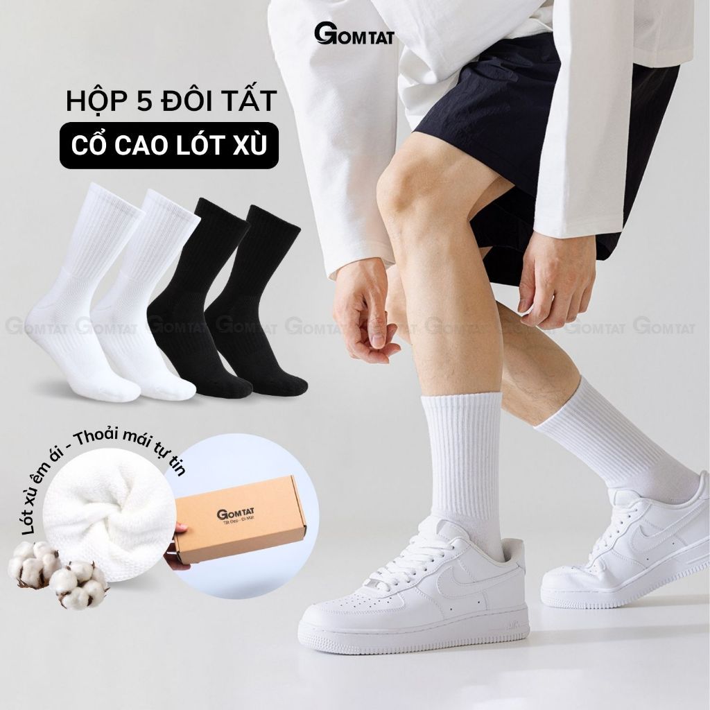 Hộp 5 đôi tất xù GOMTAT cổ cao trơn nam nữ có đệm xù dày chất liệu cotton êm chân - TATXU-TRON-CB5
