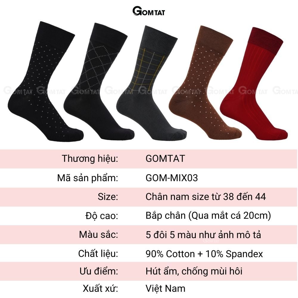 Hộp 5 đôi vớ nam cổ cao GOMTAT mẫu MIX03, chất liệu cotton cao cấp hút ẩm, thoáng khí  -GOM-MIX03-CB5