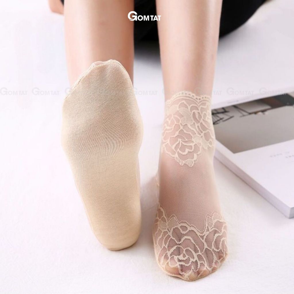 Combo 5 đôi tất nữ cổ ngắn GOMTAT họa tiết ren, vớ ren nữ đế cotton mềm mịn, thoáng khí khử mùi tốt - D16-A070-CB5