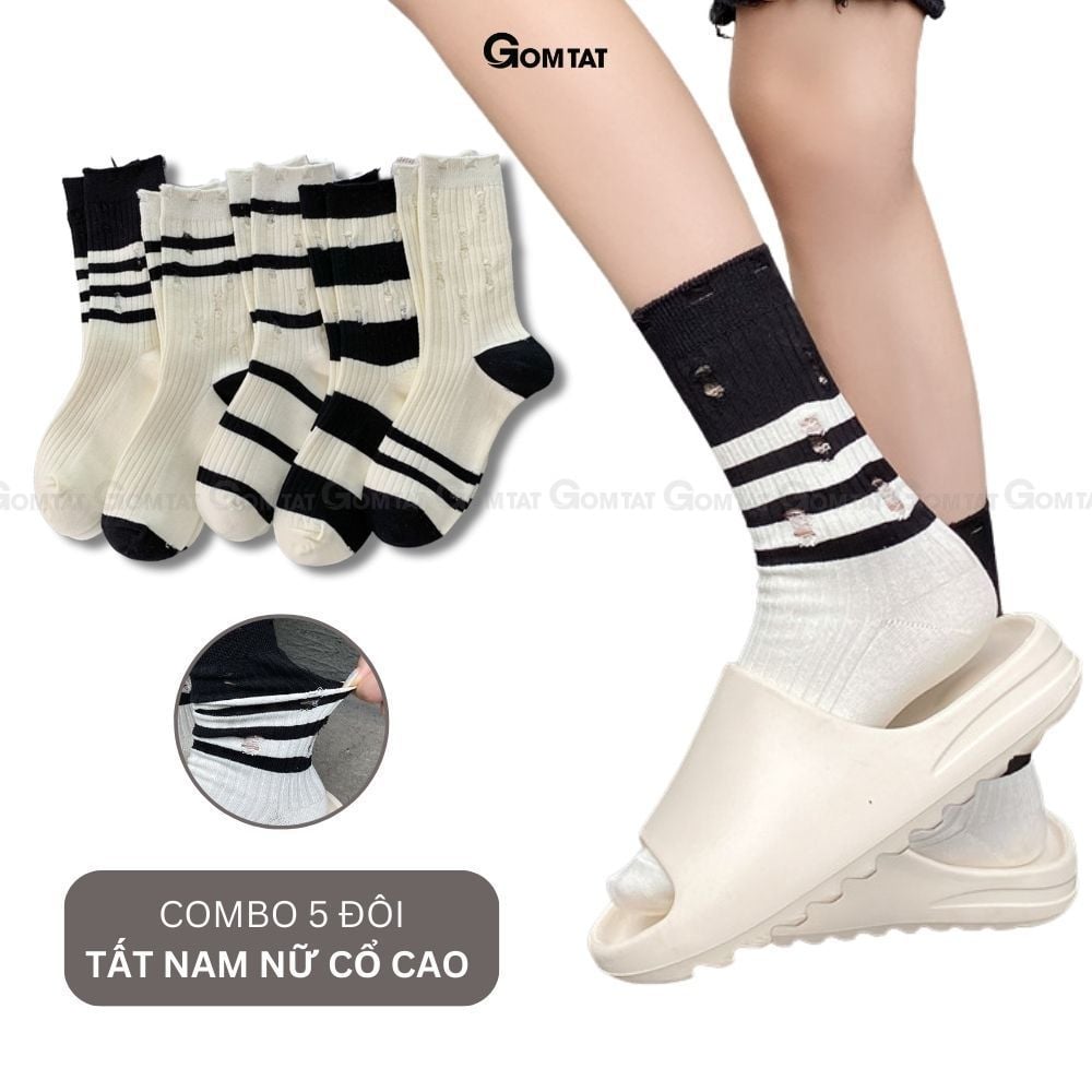 Combo 5 đôi tất nam nữ cao cổ kiểu rách GOMTAT phong cách Hàn Quốc, sợi cotton mềm mại, thoáng mát - CAOWASH-PO-3025-CB5