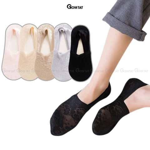  Set 5 đôi tất lười nữ đi giày búp bê GOMTAT, vớ vô hình chất liệu lụa phối ren cao cấp, có bo thun chống tuột gót - LUAREN-PO-3028-CB5 