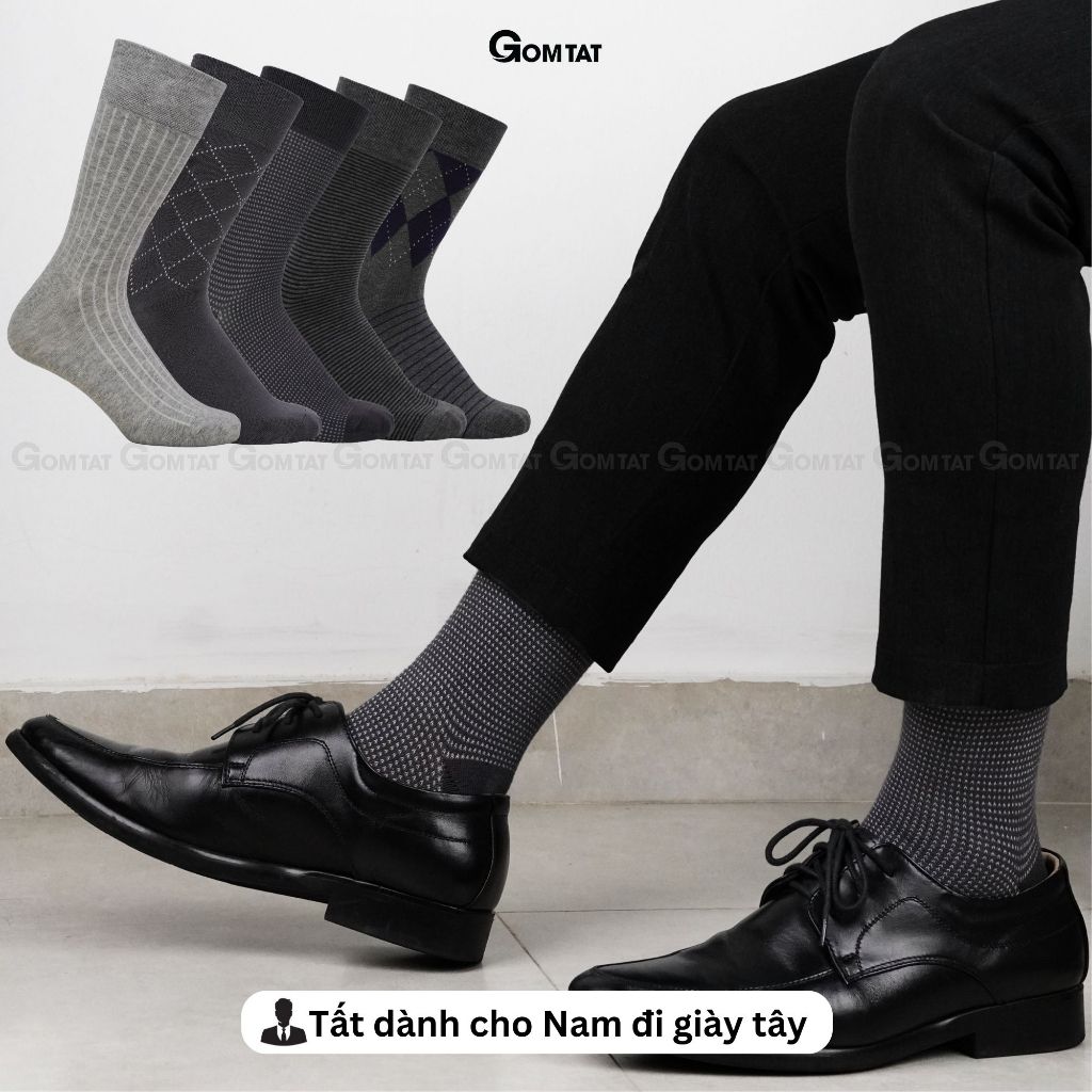 Hộp 5 đôi tất nam cao cổ đi giày tây GOMTAT tone màu xám, vớ nam công sở cổ cao chất liệu cotton cao cấp - GOM-MIX15-CB5