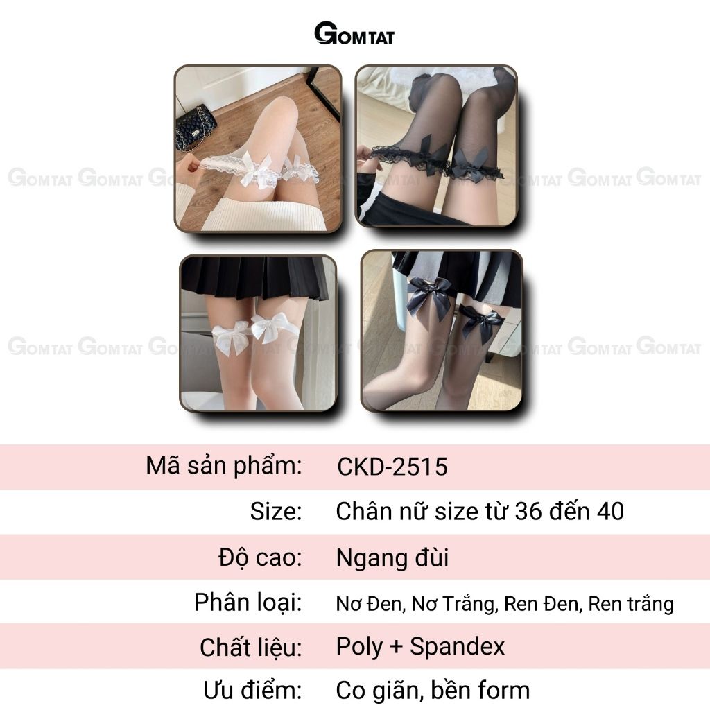 Tất đùi nữ GOMTAT lolita viền ren tiểu thư, tất dài qua gối che khuyết điểm mỏng nhẹ - CKD-2515-1DOI